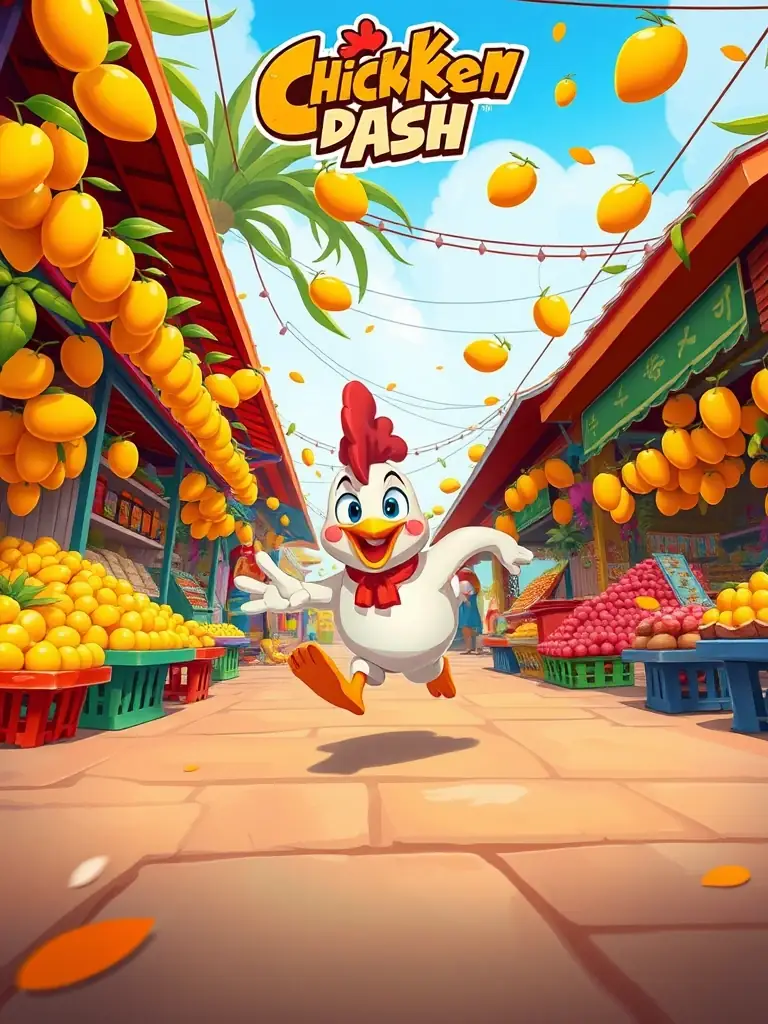 A screenshot of the Chicken Dash game showing the chicken character running through a vibrant Thai market, collecting mangoes.