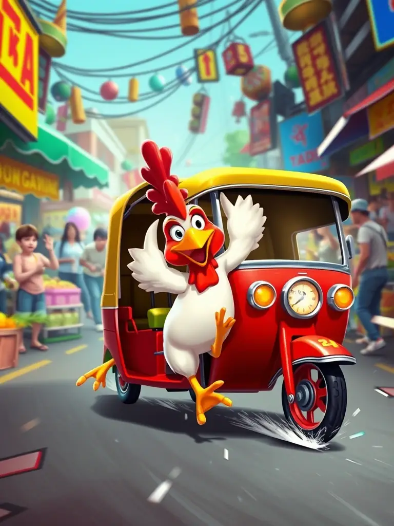 A screenshot of the Chicken Dash game showing the chicken character narrowly avoiding a collision with a colorful tuk-tuk.