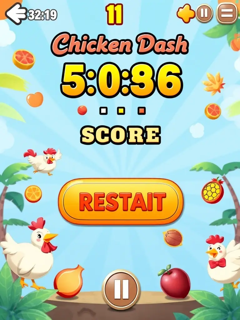 A screenshot of the Chicken Dash game showing the game over screen with a score and a button to restart.