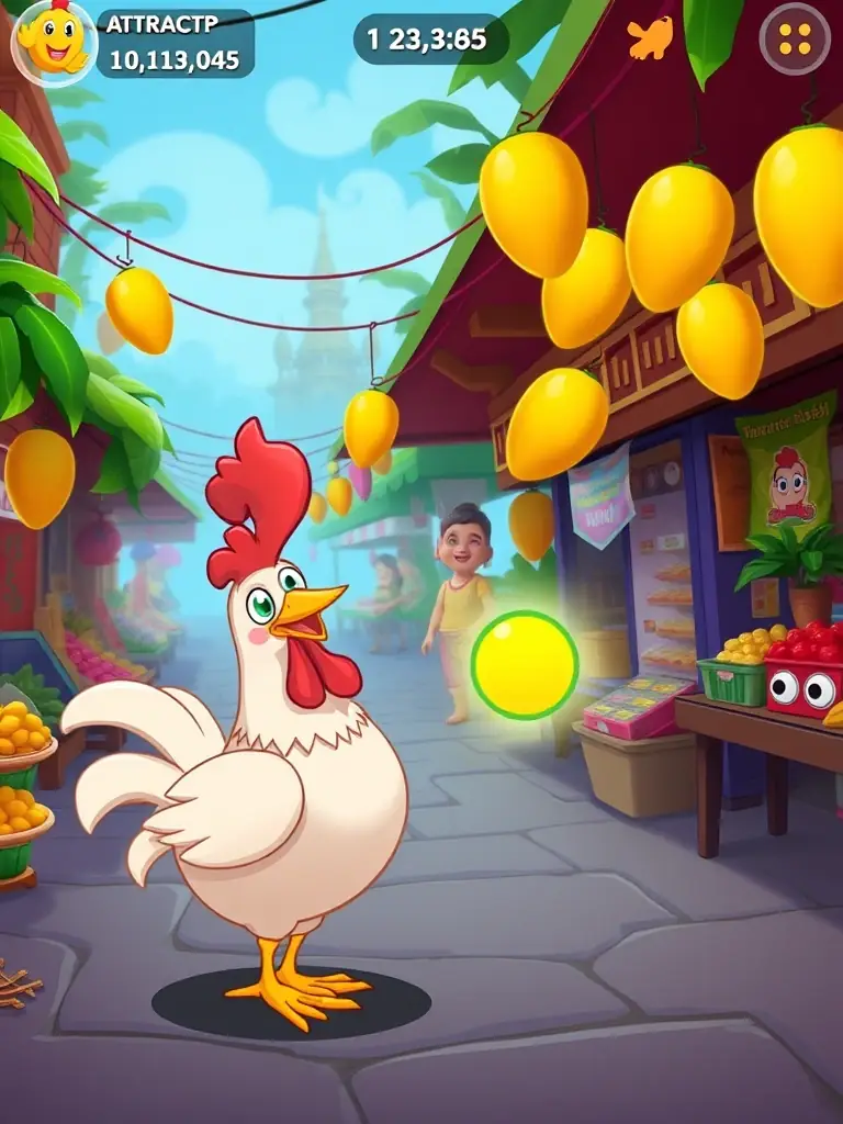 A screenshot of the Chicken Dash game showing the chicken character using a power-up to attract mangoes.